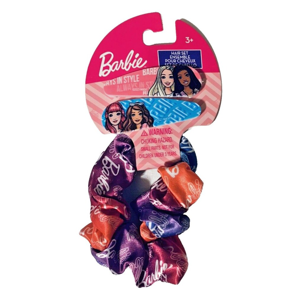 Barbie Pink Hair Scrunchie + 2 Barrette Snap Clips Girls Stocking Stuffer Purple
